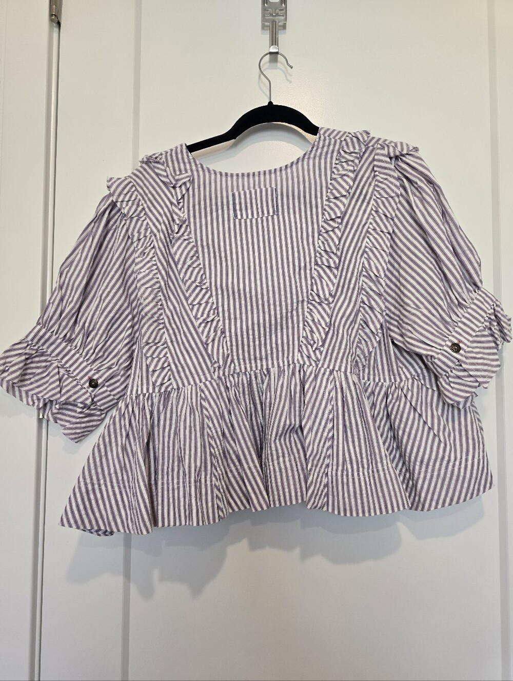 NWT Free People Miley We The Free Lilac White Striped Ruffle Blouse Msrp $128 - Picture 3 of 6